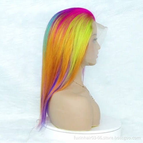 New Fashion Rainbow Color Transparent Lace Full Frontal Wig Colorful Seven Colors Ombre HD Lace Front Wig